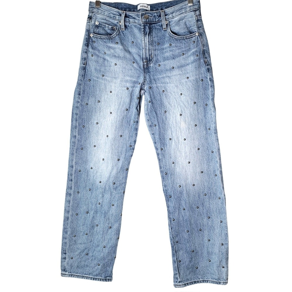 Pistola Aries Straight Leg Jeans Womens 27 Light Wash Silver Allover Stud Detail - Picture 4 of 13